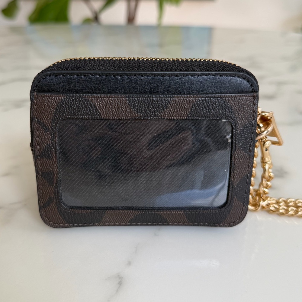 NWT Coach Zip Card Case In Signature Canvas C0058 Brown Black Gold Chain Wallet - Picture 3 of 6